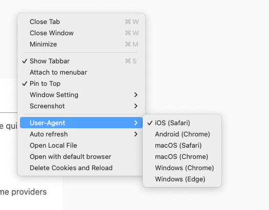 User-Agent setting menu